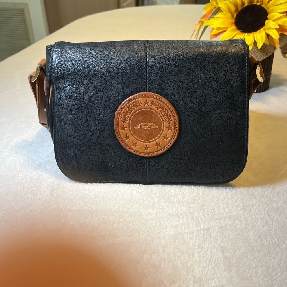 ✨ Vintage Black Leather Crossbody Bag Aviation Patch Messenger Purse Retro Style - Picture 5 of 5